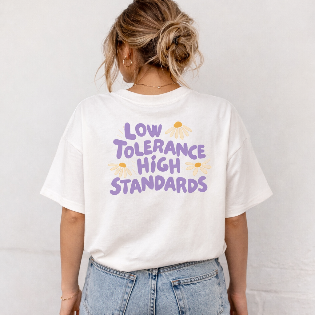 Bügelbild - Low Tolerance, high Standards Lila (groß)