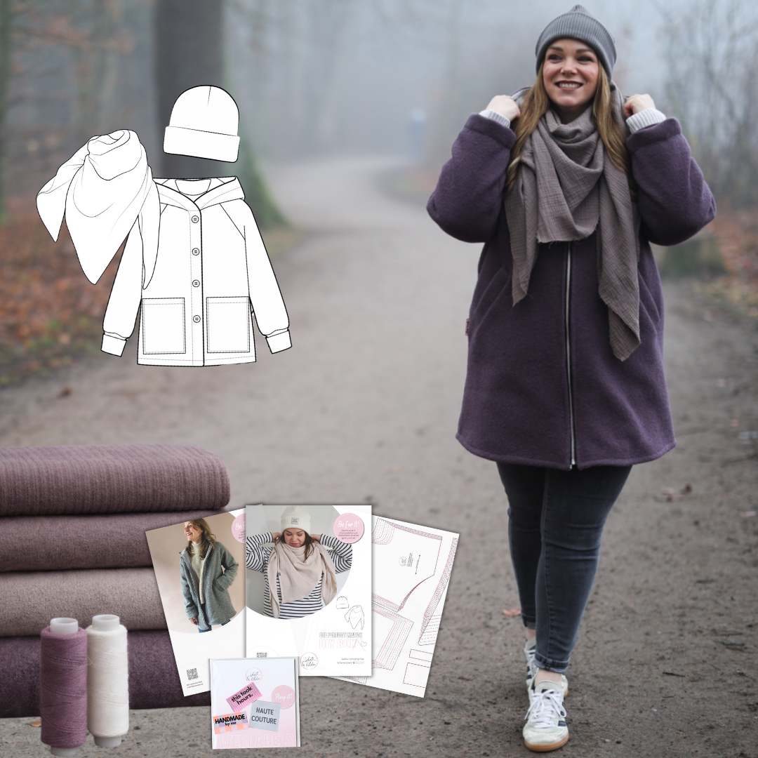 Nähpaket BUNDLE: Jacke Loulu, XL Tuch und Strickmütze Gr. 34-52