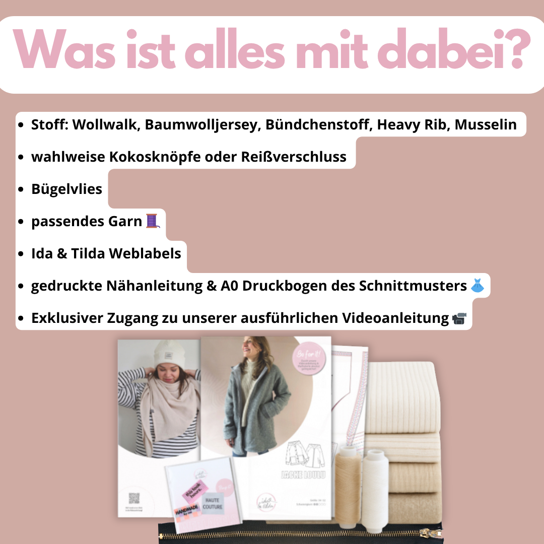 Nähpaket BUNDLE: Jacke Loulu, XL Tuch und Strickmütze Gr. 34-52